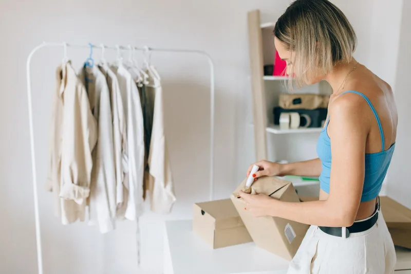 Seller packing an online order into a cardboard box beside a rack of clothing